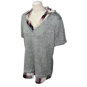 Maurices Gray Knit Top With Plaid Collar & Hem Layered Look Womens Size 1